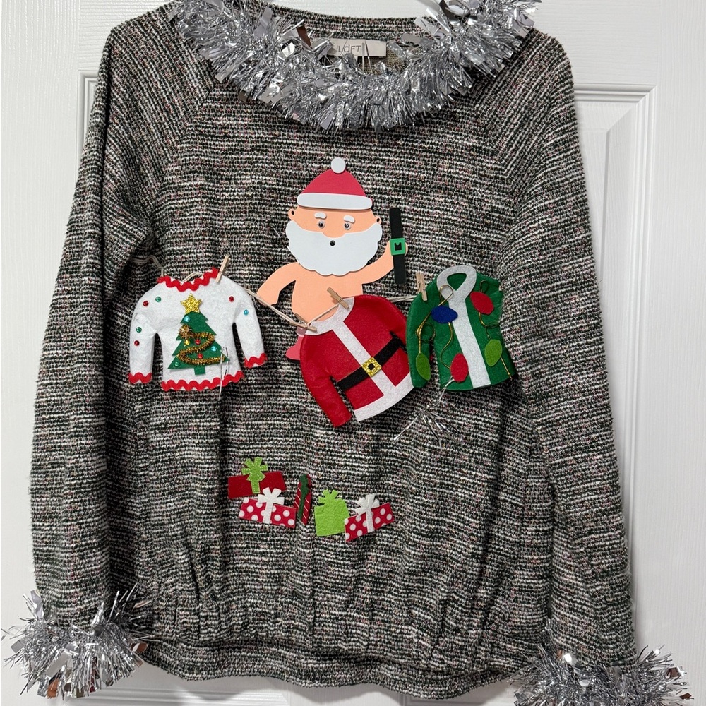 LOFT Gray Holiday Sweater with Santa Design for your ugly sweater party!!!